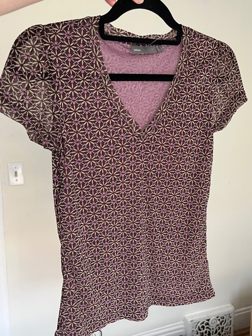 VINTAGE y2k Mexx geometric floral sheer mesh v-neck top M purple
